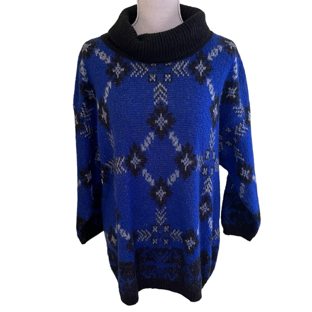Benetton Blue/Black Argyle Style Mohair/Nylon Turtleneck Sweater XL